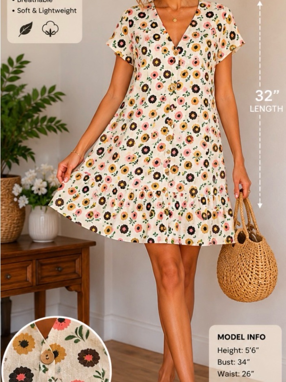 Floral V-Neck Button-Front Summer Dress - Cream Floral